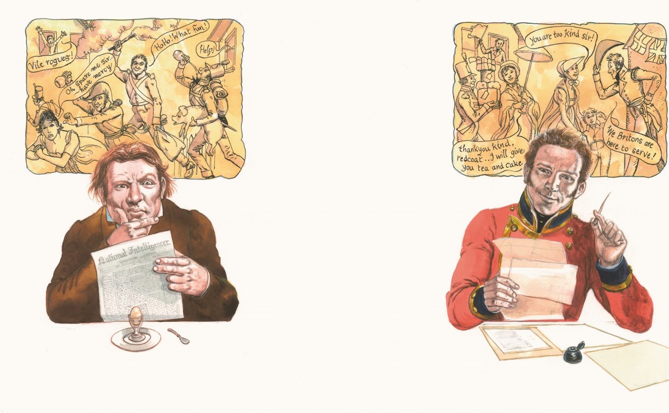 Illustration with two men sitting next to each other, each holding a piece of paper and pen while two different versions of the same event are illustrated above their heads.
