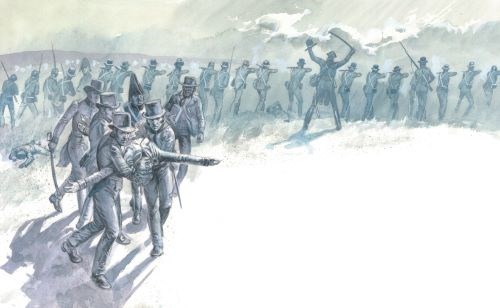 Blue and white illustration of a war scene; in the left foreground, soldiers carry one of their dead comrades off the battlefield.