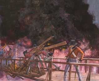 Illustration of British troops destroying a wooden structure while a fire burns in the background.