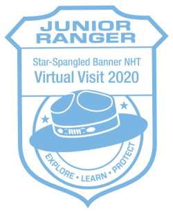 Blue and white badge-shaped stamp for the Star-Spangled Banner Junior Ranger program