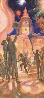Illustration of an evening celebration in front of the Maryland Statehouse.