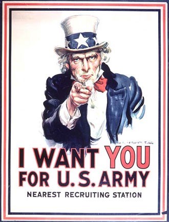 Illustration of a man with a white beard and wearing a hate with a blue band and white stars, pointing at the viewer.  "We want you for the U.S. Army, Nearest Recruiting Station" is featured on the lower half of image.
