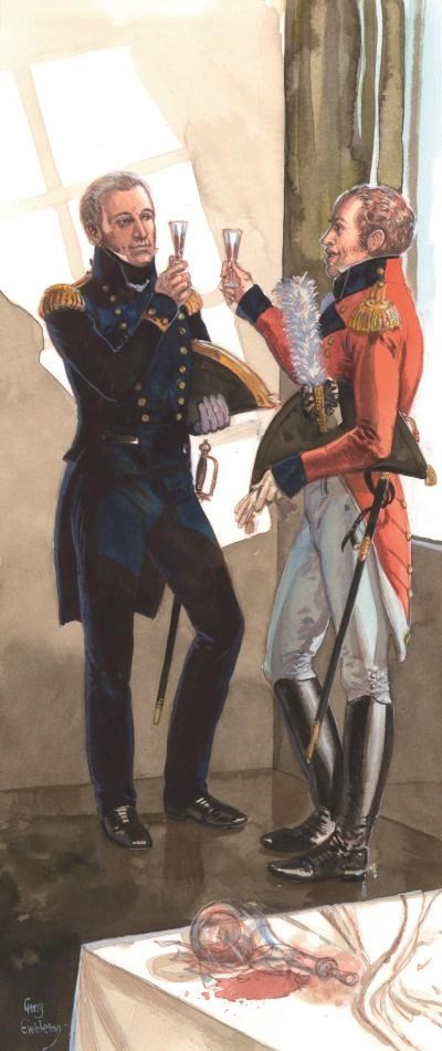A color illustration of two officers toasting.