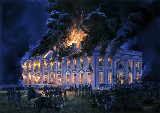 Illustration of the White House in flames at night.