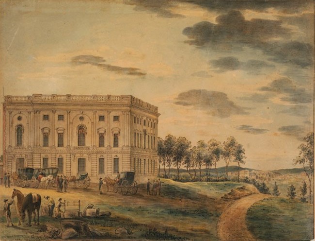 A watercolor of Washington, DC showing part of the Capitol building before it was burned by the British in 1814.