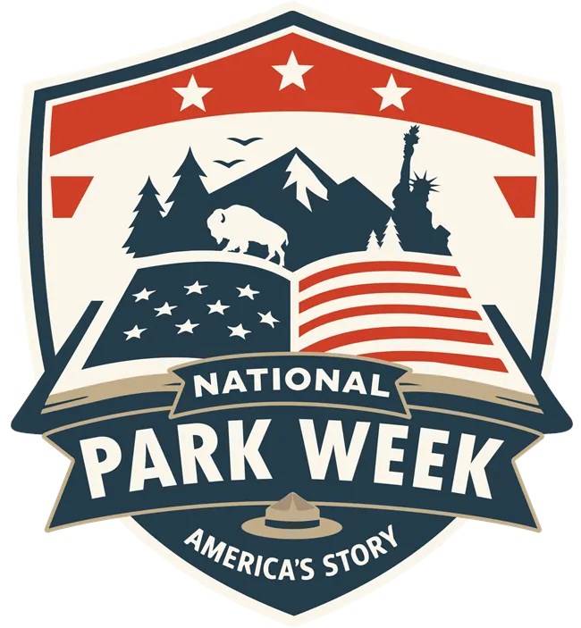 Shield with an open park, red white and blue. mountains, bison, stature of liberty, national park week, americas story