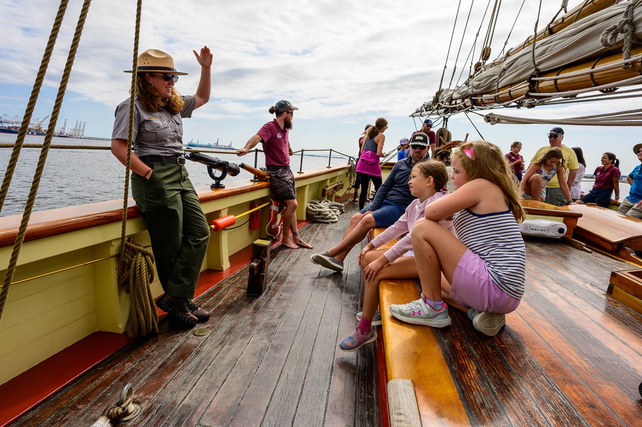 Ranger talks to kids aboard the pride of baltimore