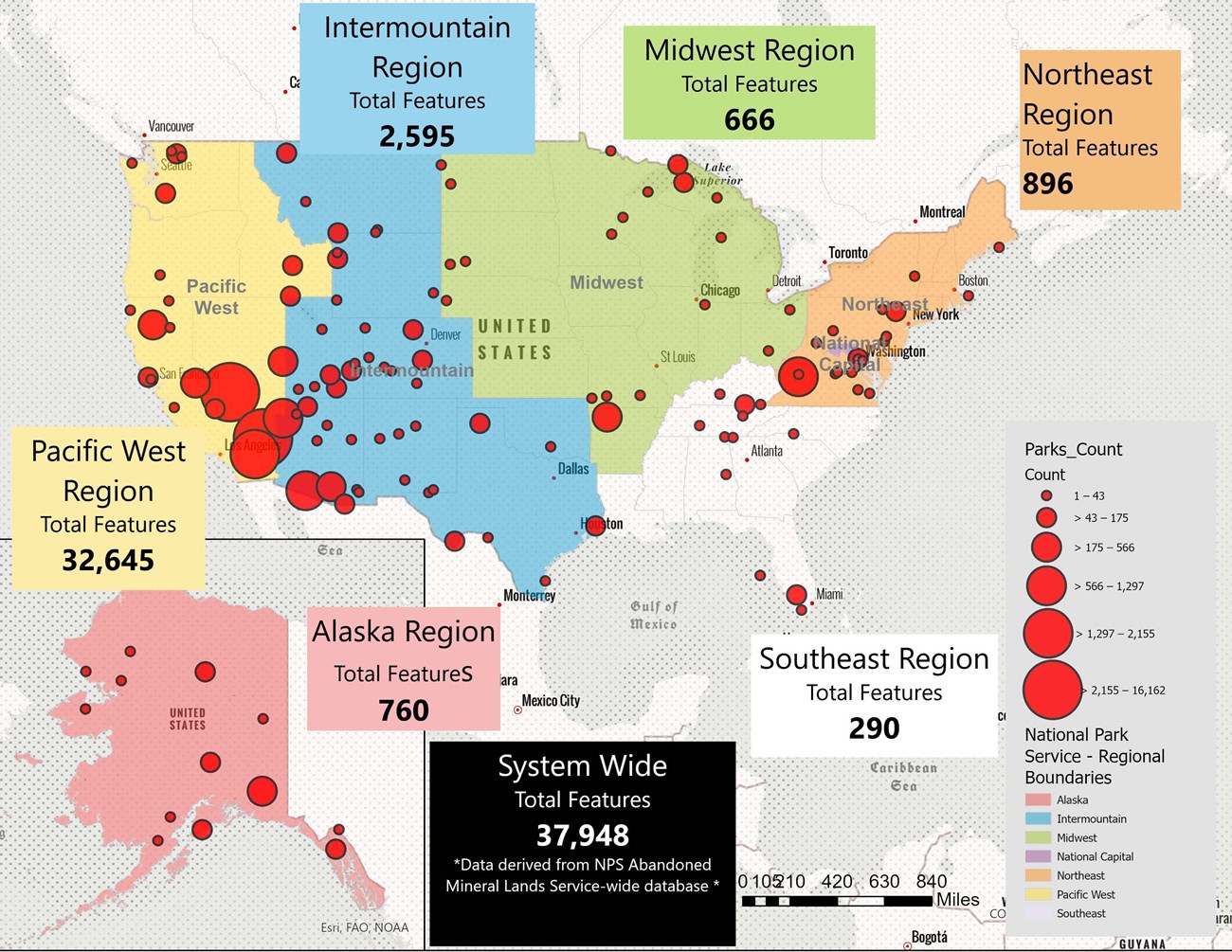 AML_Features by Region info graphic map showing the relative distribution of AML features in parks across the United States. NPS regions are highlighted.