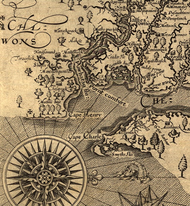 fragment of historic map showing Point Comfort in Virginia