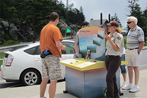 Photo of visitors talking to a park interpreter by a traveling air quality display at an overlook in Great Smoky Mountains NP.