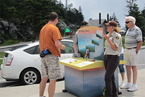 GRSM Traveling Air Quality Exhibit Photo of visitors talking to a park interpreter by a traveling air quality display at an overlook in Great Smoky Mountains NP.