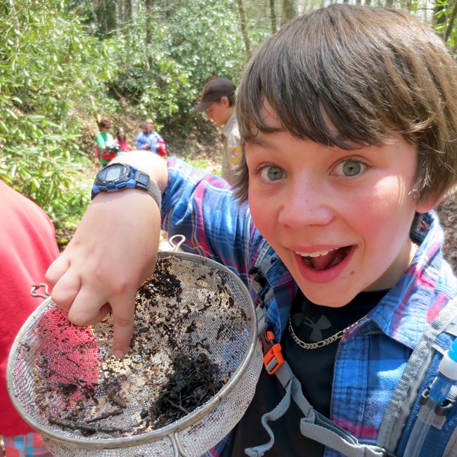 A boy holds up a sample of dragonfly larvae found at Great Smoky Mountains National Park