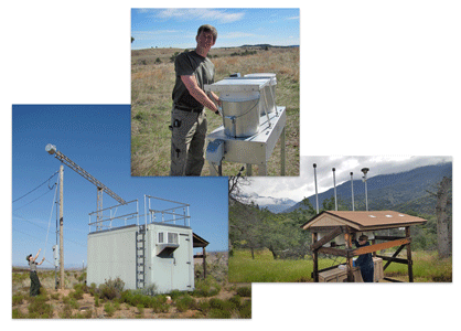 Air Quality Monitoring Collage Collage of three photos showing air quality monitoring in parks. Clockwise from left: ozone monitoring at Zion NP, Utah; N and S deposition monitoring at Wind Cave NP, South Dakota; and visibility monitoring at Sequoia NP, California.