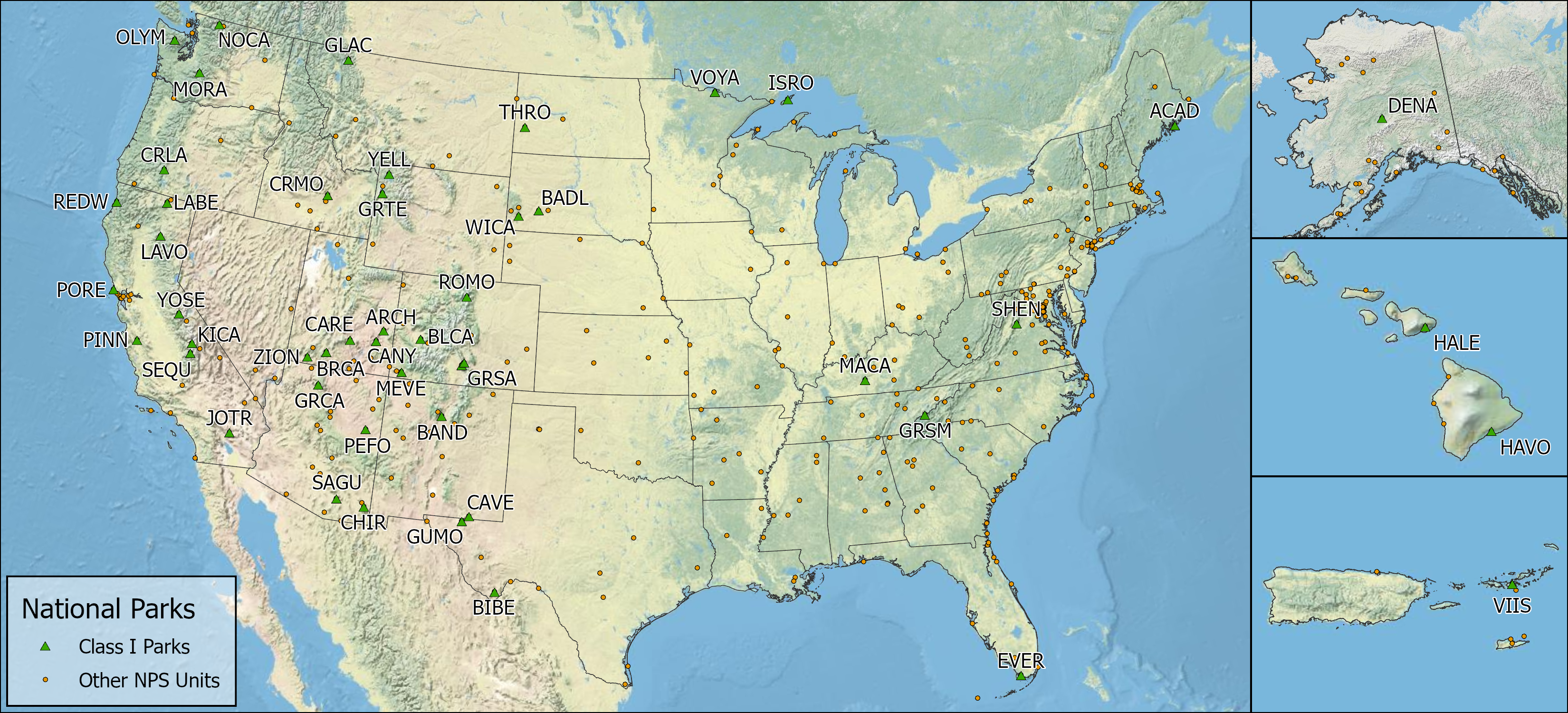 Map with Class I National Parks in the continental US, Alaska, Hawaii, and the Caribbean.