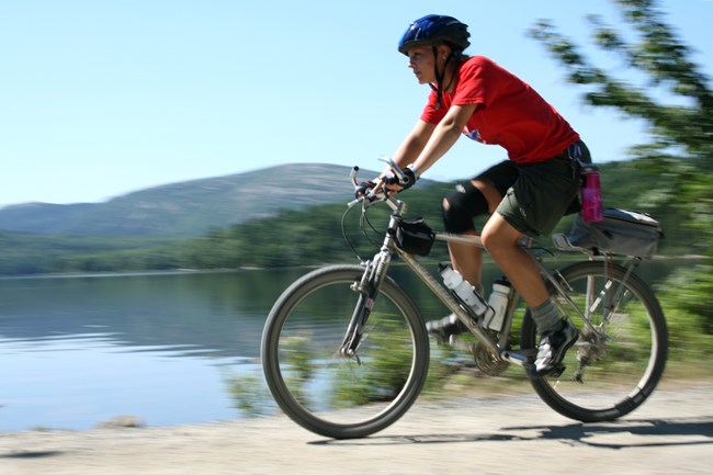 Park visitor biking on carriage roads around Eagle Lake at Acadia National Park, Maine.