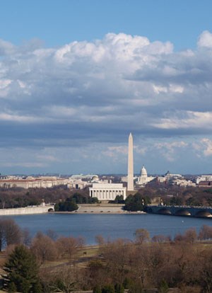 View of downtown Washington DC across the potomac river from George Washington Memorial Parkway