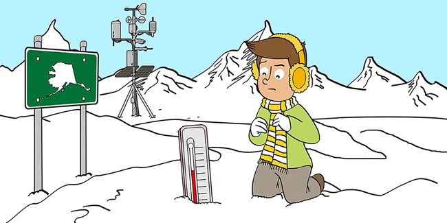 A cartoon of a person kneeling in the snow near a snow and temperature  gage.