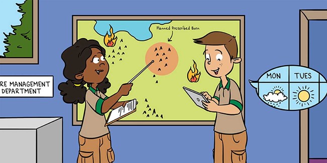 A cartoon of two people looking at a map to plan a prescribed burn.