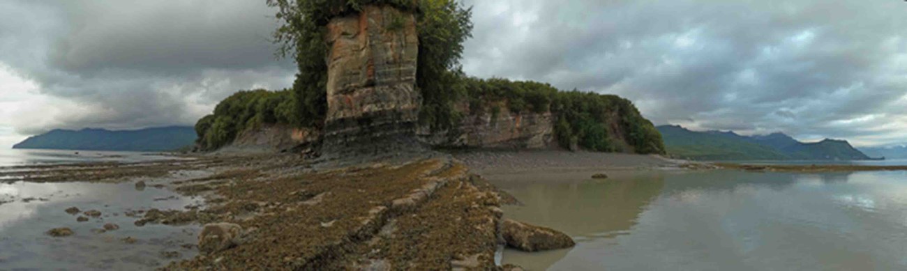 A panoramic shot of Fossil Point in Lake Clark National Park and Preserve.