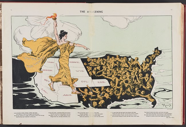 A drawing of a woman walking across an image of the United States. She is holding a torch and pointing East. The western states are solid, the eastern states have images of women reaching up for help.