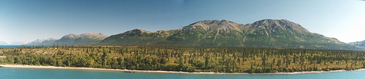 A panoramic view of a beach in Nondalton, Alaska A panoramic view of a beach in Nondalton, Alaska