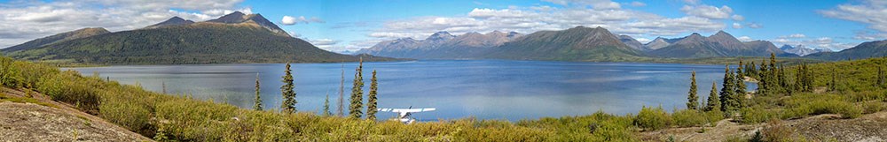 Panorama of Walker Lake in the Brooks Range with a float plane.