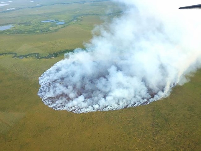 Fire burning across the green tundra.