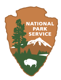 NPS Logo An arrowhead with mountains and trees and a bison drawn on it