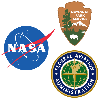 Agency Logos A blue NASA logo, brown NPS arrowhead and blue and gold FAA logo
