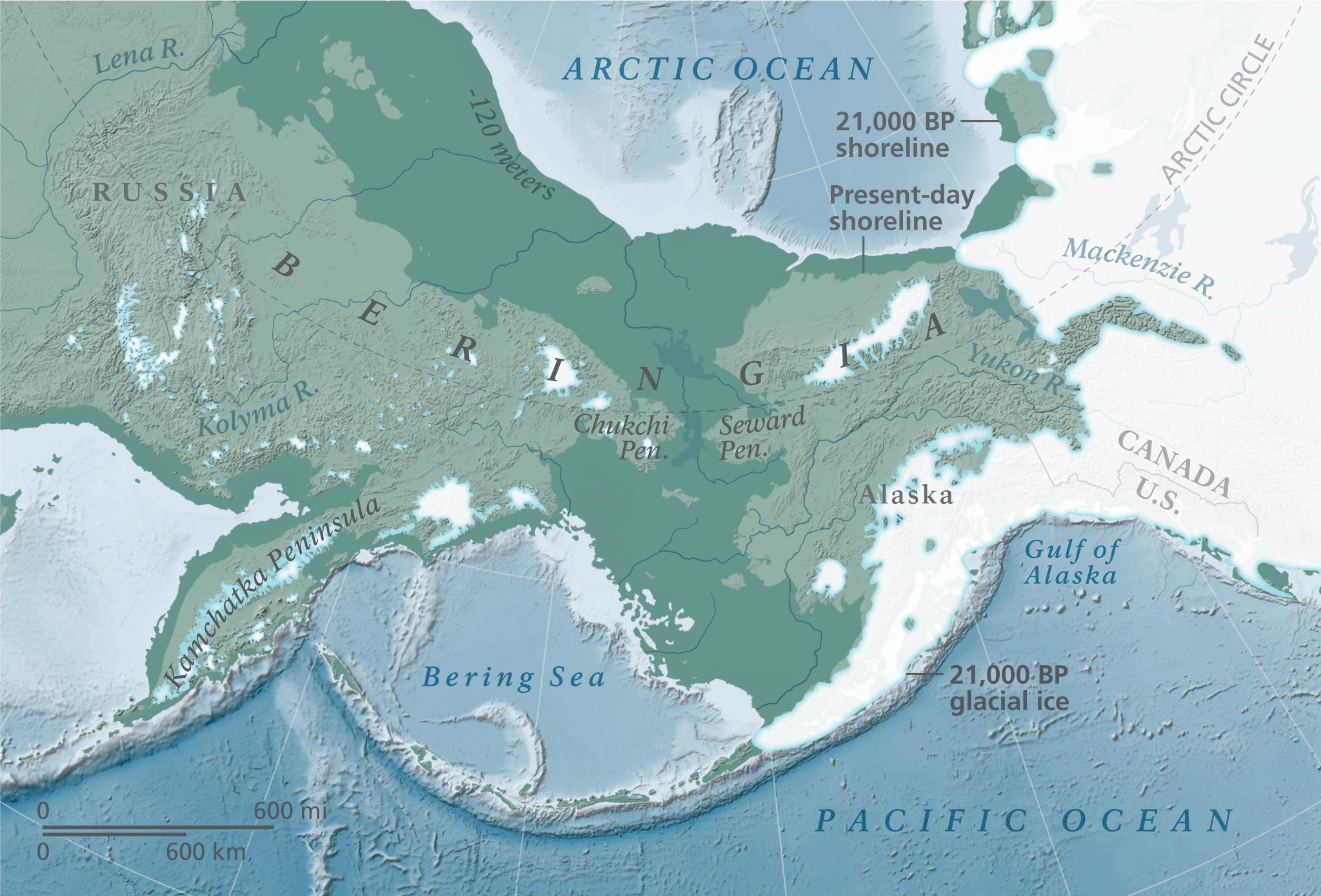 map of Beringia with outline of Bering Land Bridge