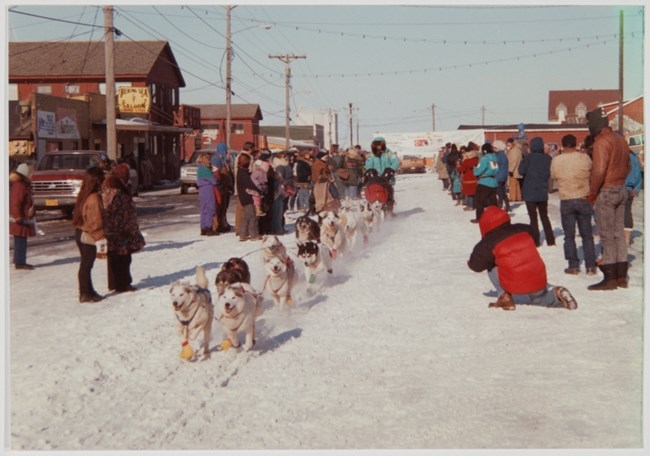 Dogs pulling a sled dog run through the snowy streets of Nome with observers lining the street. 