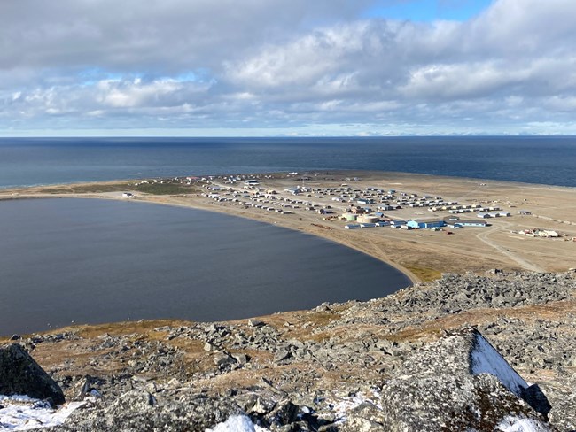 view of coastal village from above