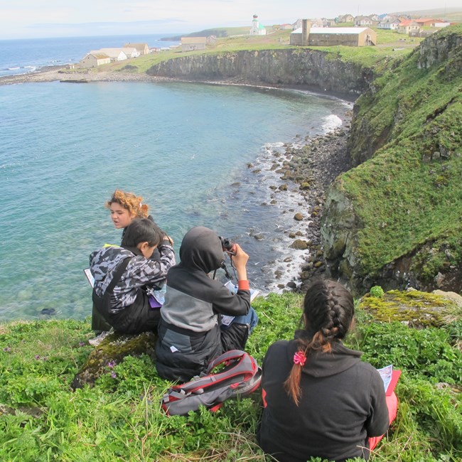 three children sitting high on a cliff facing the ocean and observing birds