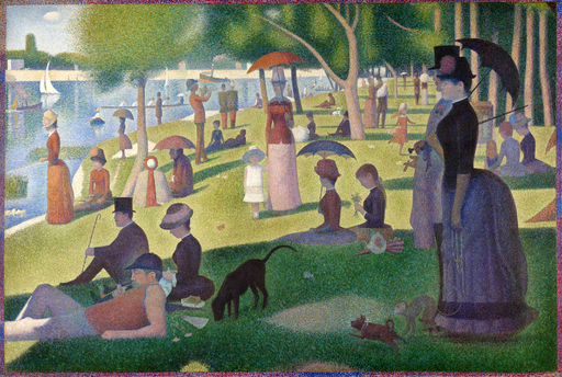 Georges Seurat's "A Sunday on the La Grande Jatte", 1884, showing the use of many small dots to make up the whole piece.