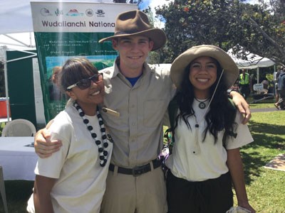 Ambassadors Valyssa, Caleb, and Lurleen share a smile at the 2015 BioBlitz at Hawai’i Volcanoes National Park.