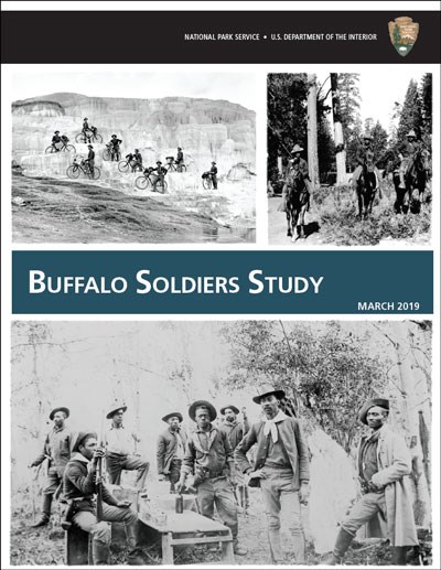 Multiple b&w pics showing African American soldiers in various poses and on horses
