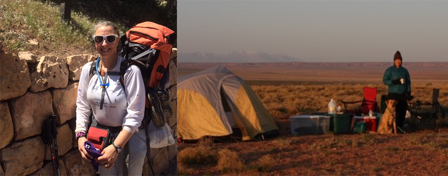 Left: a woman wearing a large backpack standing by a rock wall Right: A woman and dog standing outside a tent on a chilly morning