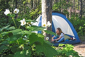 A woman sits in a blue and white tent