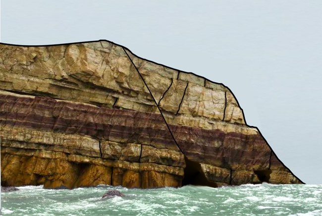 illustration of a sea cliff with layers and cracks, and small erosional caves forming
