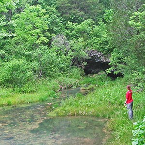 Water flows from a cave entrance at Ozark National Scenic Riverways, Missouri.