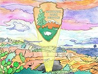 water color painting of desert and colorful sky with park arrowhead logo