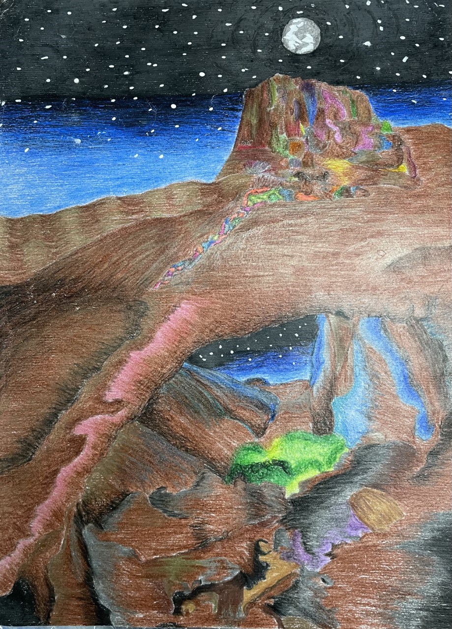 drawing of cave scene in colored pencil