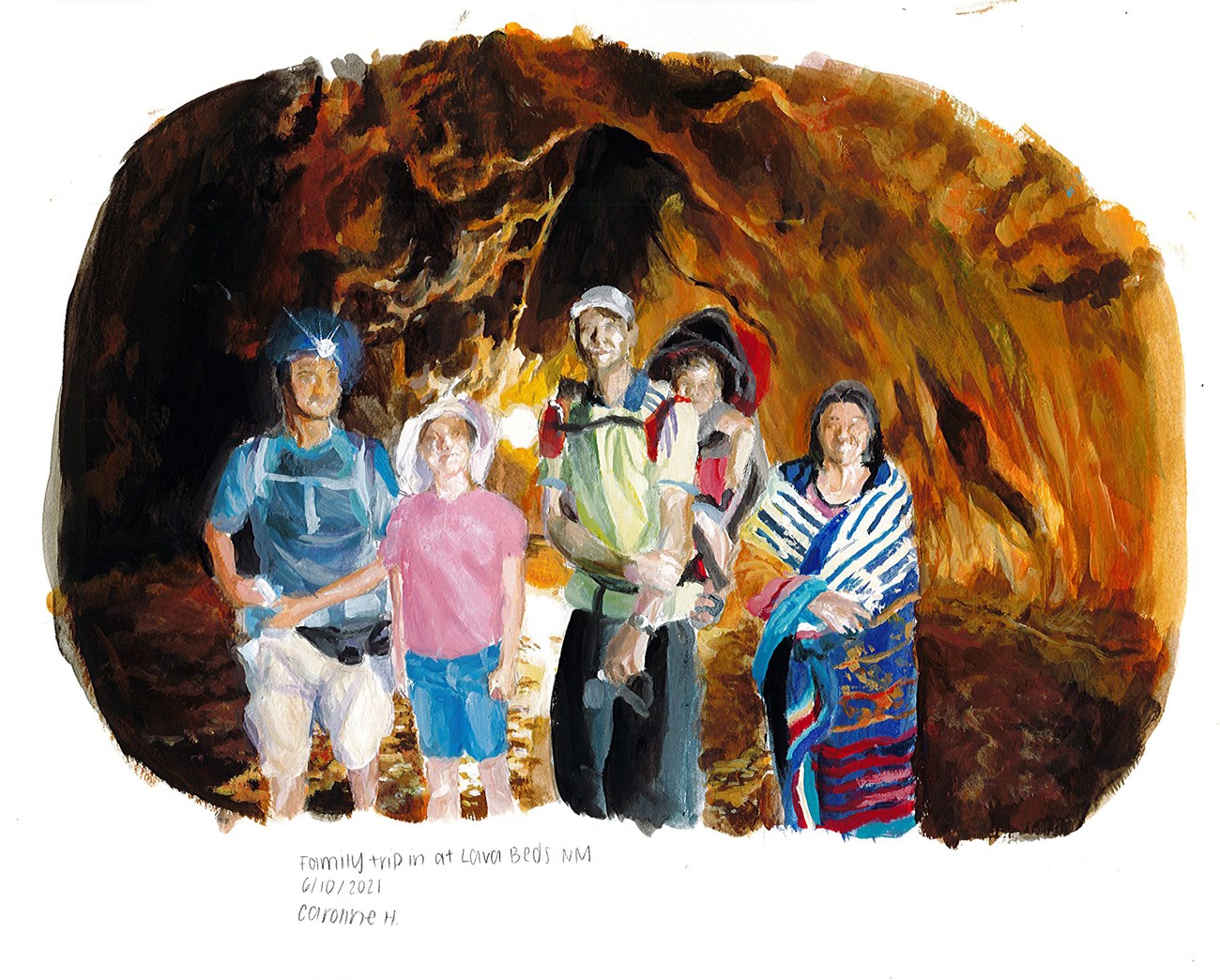 painting of a family group visiting a cave in vibrant watercolors