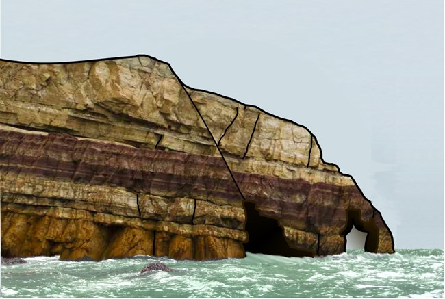 illustration of a sea cliff with layers and cracks, and a natural arch