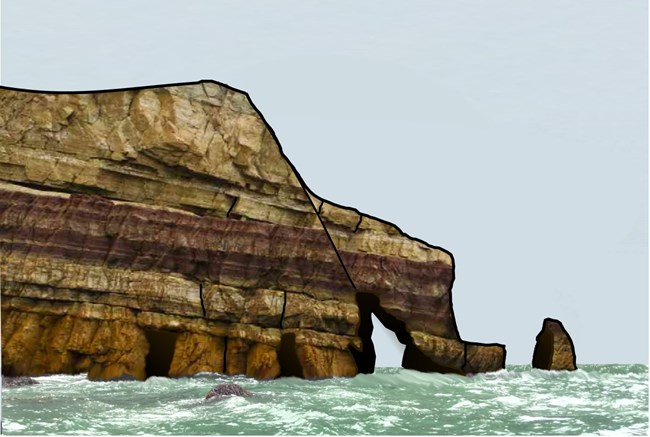 illustration of a sea cliff with layers and cracks, and a natural arch