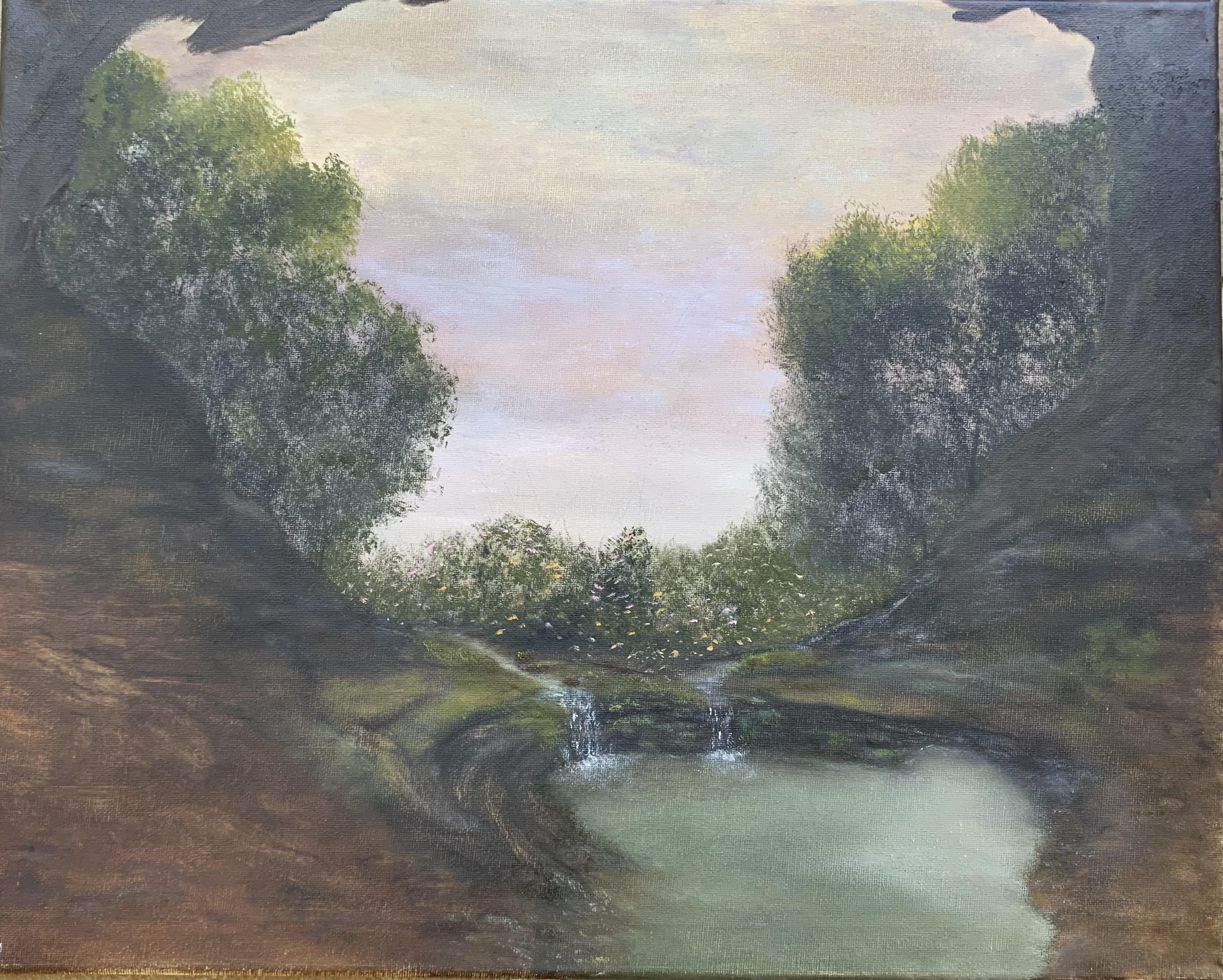 Painting of a view looking out from a cave opening in oil paints