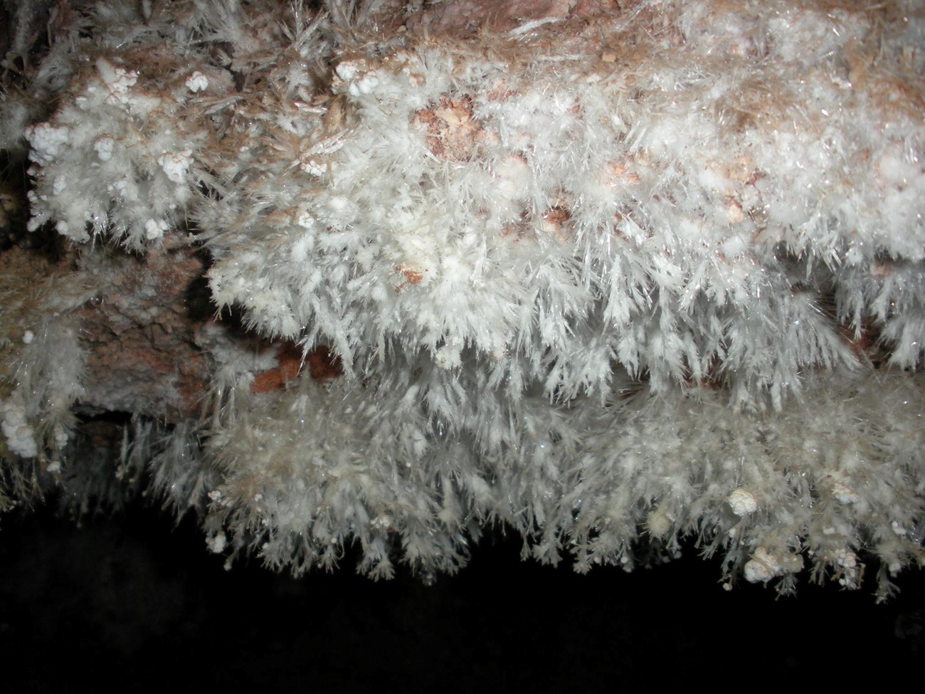 WICA frostwork feathery mineral formations on the ceiling of a cave