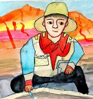 art contest page student's painting of a person exploring a park