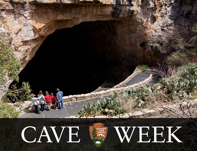 cave week carlsbad graphic photo illustration with image of large cave opening and words, cave week
