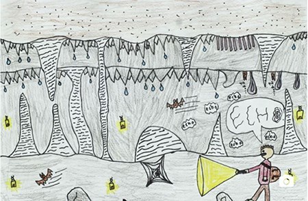 drawing of a cave with a person exploring